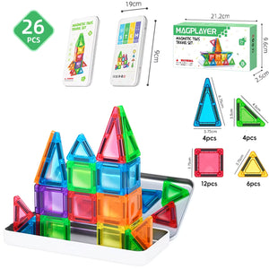  Μαγνητικό Σετ πολύχρωμων magnetic tiles stem παιχνιδιού σε διάφορα σχήματα με τις διαστάσεις τους σε λευκό φόντο