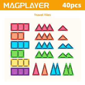 Set of colorful magnetic travel tiles by Magplayer on a white background