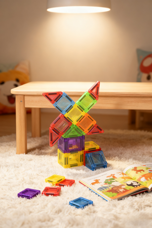 Colorful magnetic building blocks on a carpeted floor with a wooden table in the background.