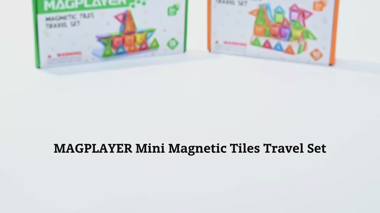 βίντεο δύο μοντέλων magnetic tiles της magplayer τα οποία είναι travel set για έυκολή μεταφορά. αποτελούνται από πολύχρωμα τρίγωνα και τετράγωνα για χτίσιμο κατασκευών
